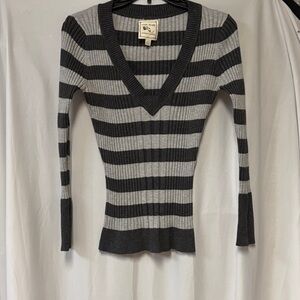 Pink Rose Black and Gray Striped V-Neck Sweater